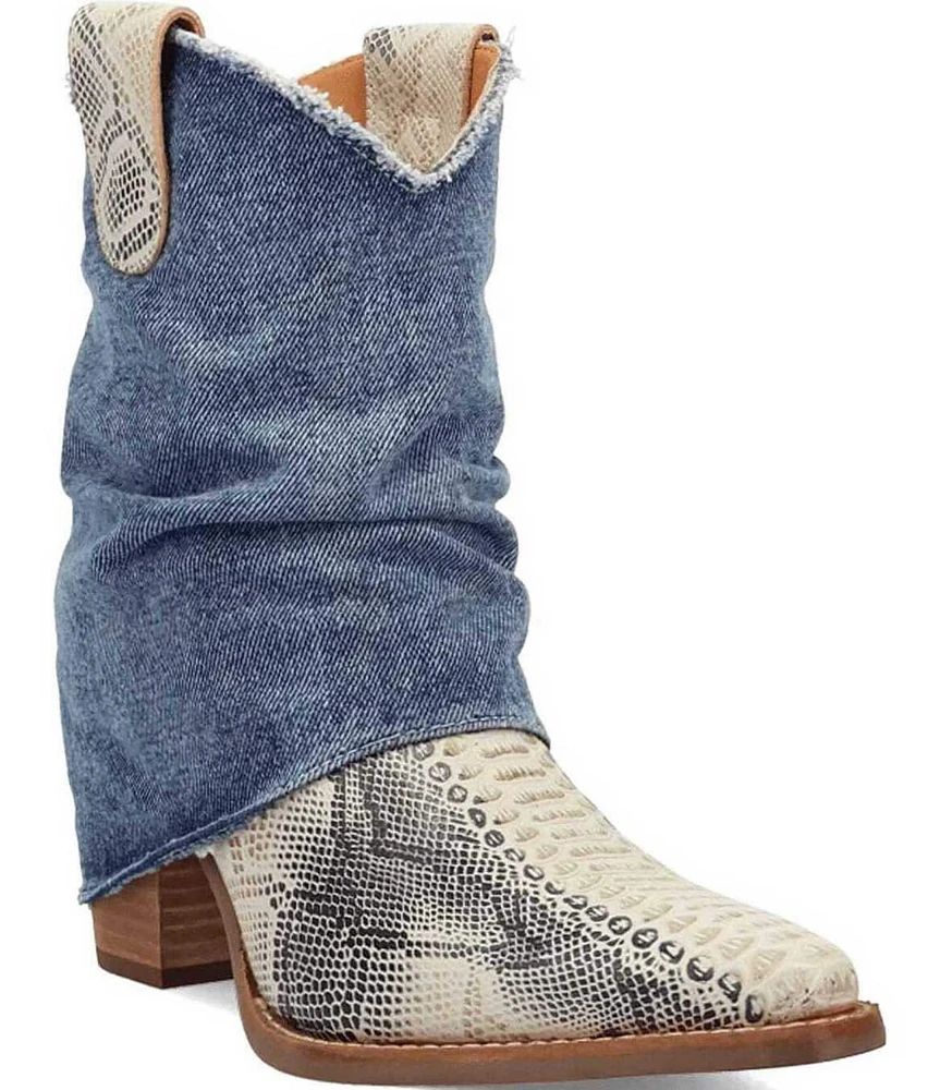 Dingo Denim Dream Snake Print Leather Denim Cuff Western Booties
