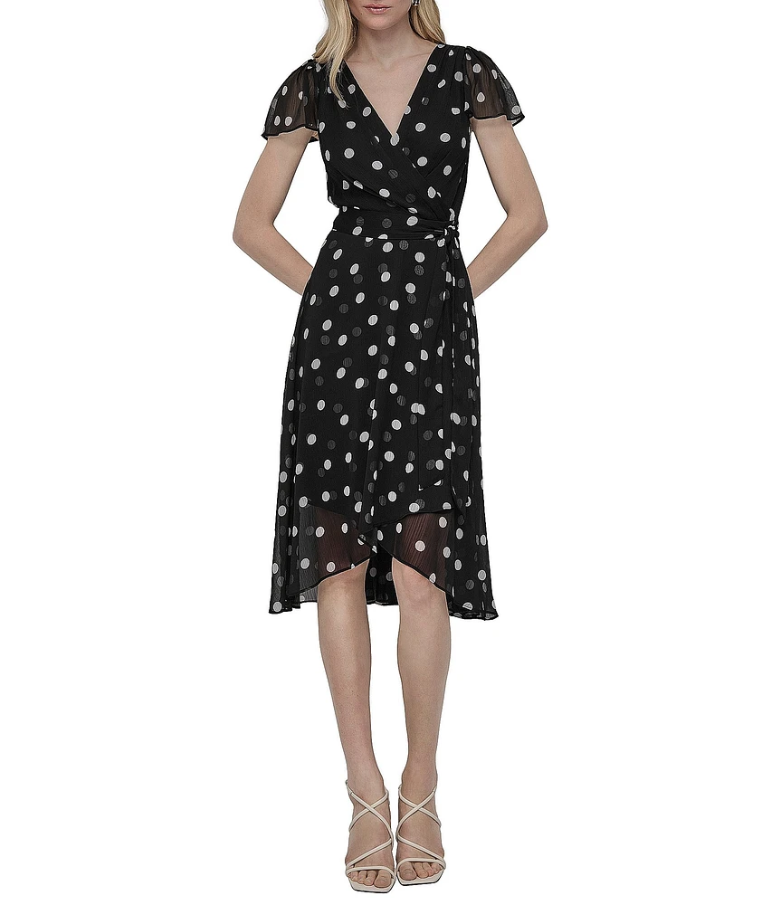 DKNY by Donna Karan Chiffon Dotted Print V Neck Short Flutter Sleeve Belted Wrap Midi Dress
