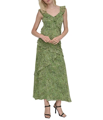 DKNY by Donna Karan Chiffon Dotted Print V Neck Sleeveless Ruffle Sheath Dress
