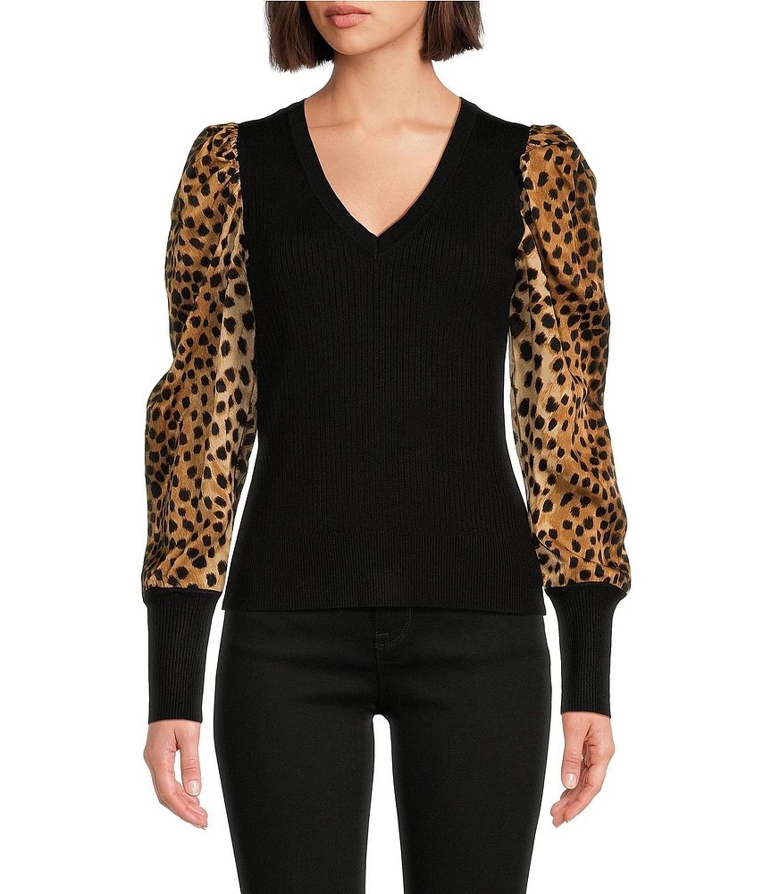 DKNY by Donna Karan Knit Mix Media Cheetah Print Puff Long Sleeve Top