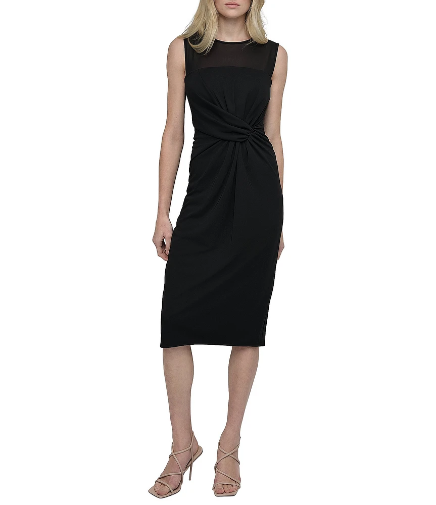 DKNY by Donna Karan Mesh Crew Neck Twisted Front Sheath Midi Dress