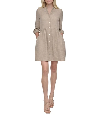 DKNY by Donna Karan Petite Size Crew Neck 3/4 Sleeve Button Front Shirt Dress