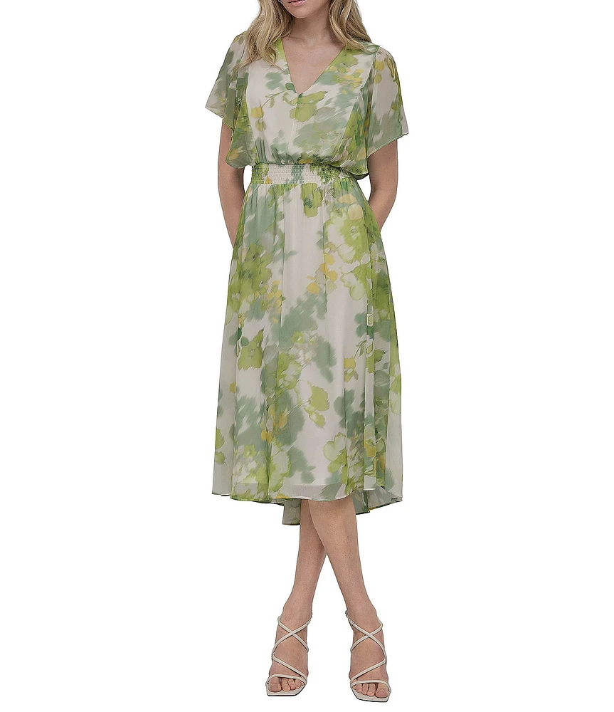 DKNY by Donna Karan Petite Size V-Neck Short Flutter Sleeve Smocked A-Line Midi Dress