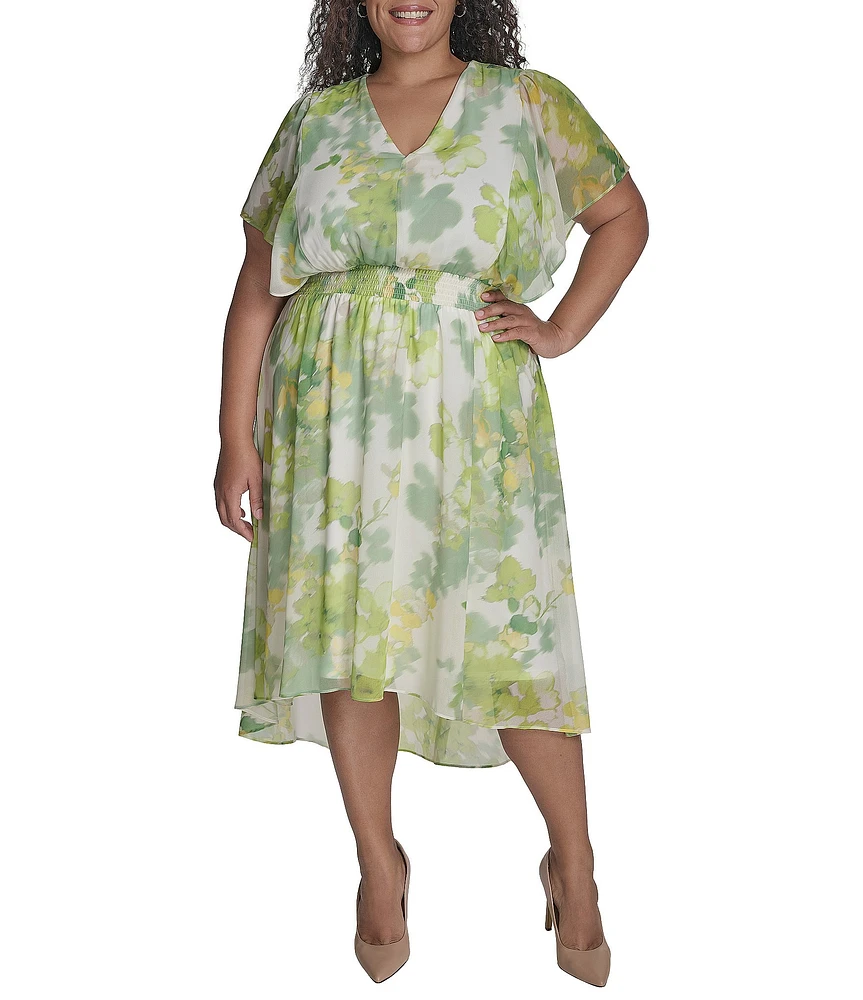 DKNY by Donna Karan Plus Size V-Neck Short Flutter Sleeve Smocked A-Line Midi Dress