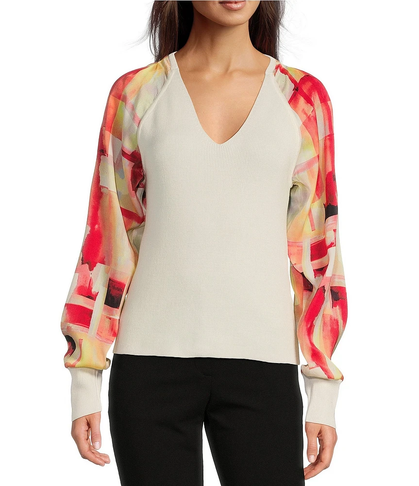 DKNY By Donna Karan Printed Mixed Media V-Neck Long Sleeve Knit Top