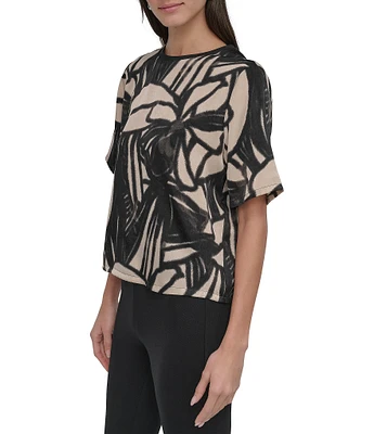 DKNY By Donna Karan Printed Twill Crew Neck Short Sleeve Top