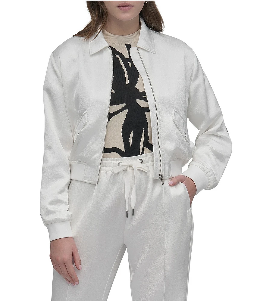 DKNY by Donna Karan Satin Long Sleeve Logo Bomber Jacket