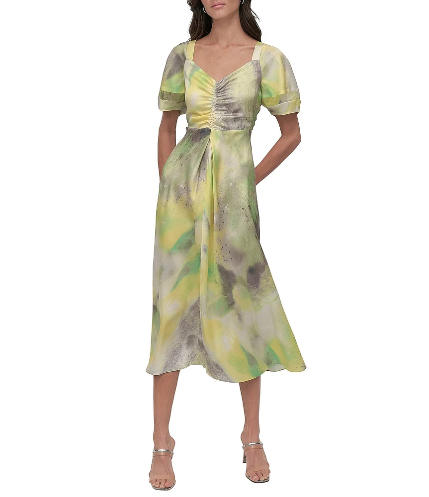 DKNY by Donna Karan Satin V-Neck Short Sleeve Ruche Front Midi Dress