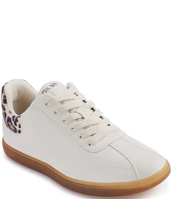 DKNY by Donna Karan Seacliff Leather Leopard Sequin Accent Lace Up Sneakers