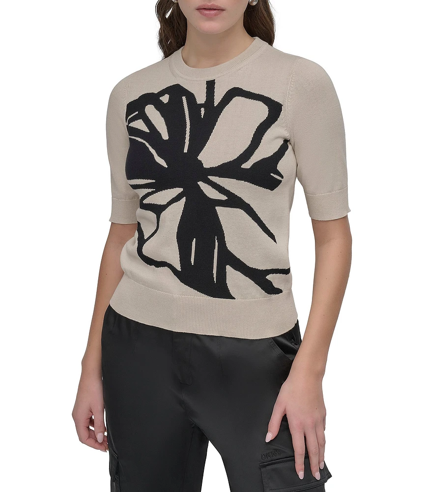 DKNY by Donna Karan Short Sleeve Knit Graffiti Floral Sweater