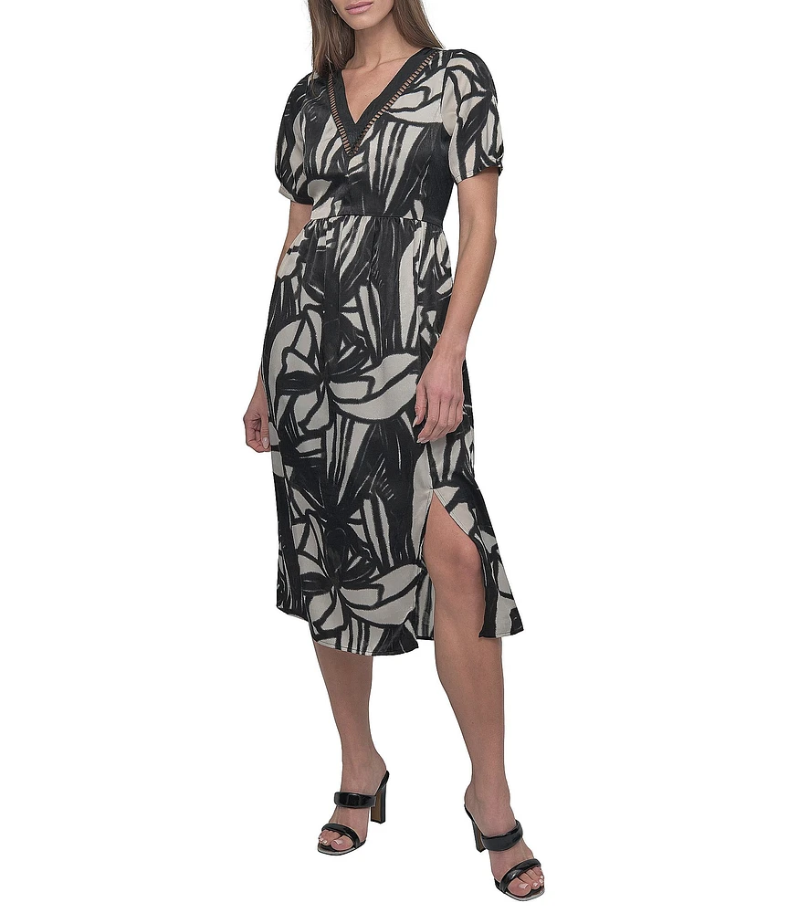 DKNY by Donna Karan Short Sleeve Printed V-Neck Ladder Lace Midi Dress