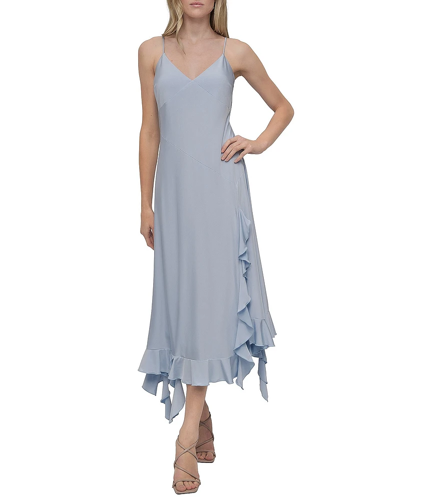 DKNY by Donna Karan Silky Jersey V-Neck Sleeveless Ruffle Slip Midi Dress
