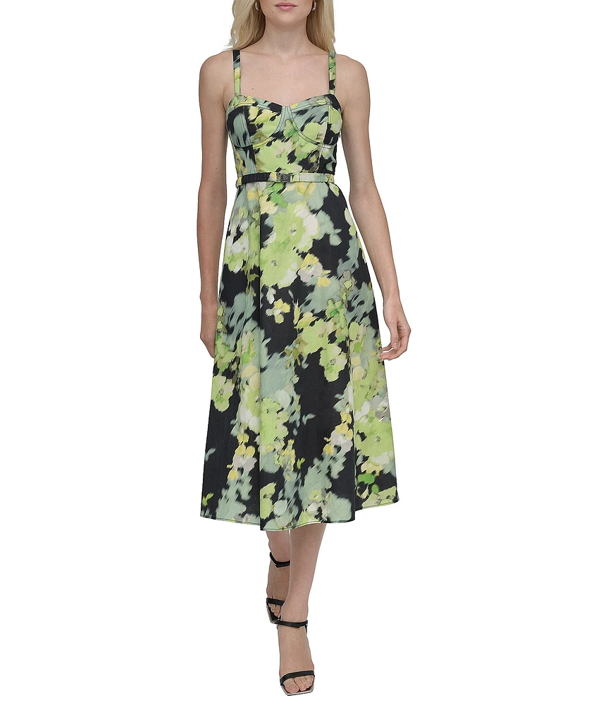 DKNY by Donna Karan Cotton Poplin Floral Sweetheart Neck Sleeveless Belted A-Line Midi Dress