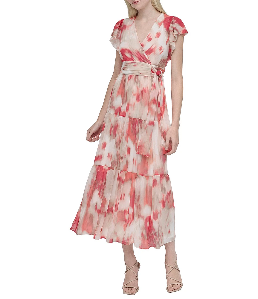 DKNY by Donna Karan Woven Abstract Print V Neck Short Flutter Sleeve Waist Tie A-Line Maxi Dress