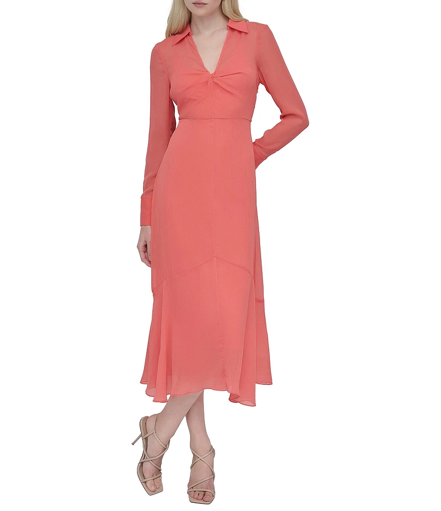 DKNY by Donna Karan Woven Collar V Neck Long Sleeve Front Twist A-Line Midi Dress