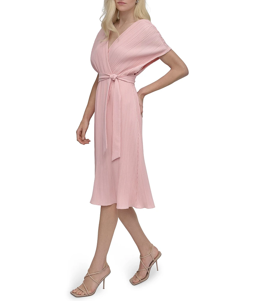 DKNY by Donna Karan Woven Crossover V-Neck Short Dolman Sleeve Belted A-Line Midi Dress
