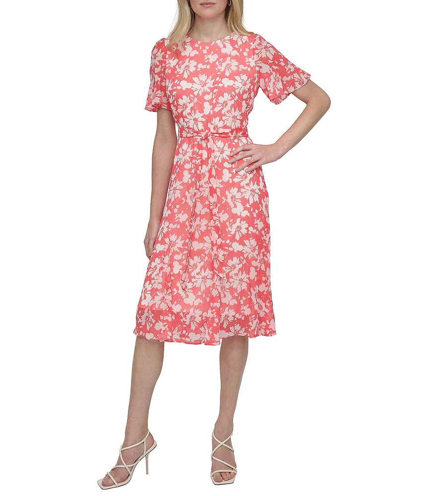 DKNY by Donna Karan Woven Floral Print Crew Neck Short Sleeve Waist Tie Fit and Flare Midi Dress