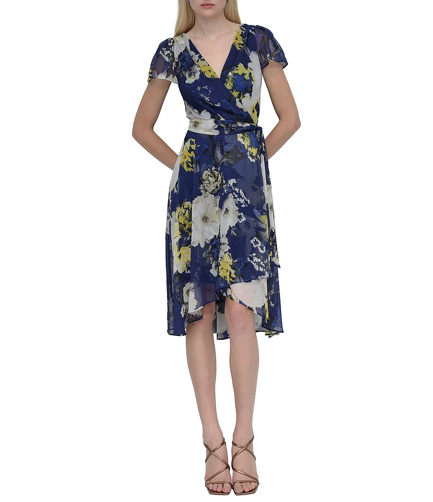 DKNY by Donna Karan Woven Floral Print V Neck Short Sleeve Faux Wrap Fit and Flare Dress