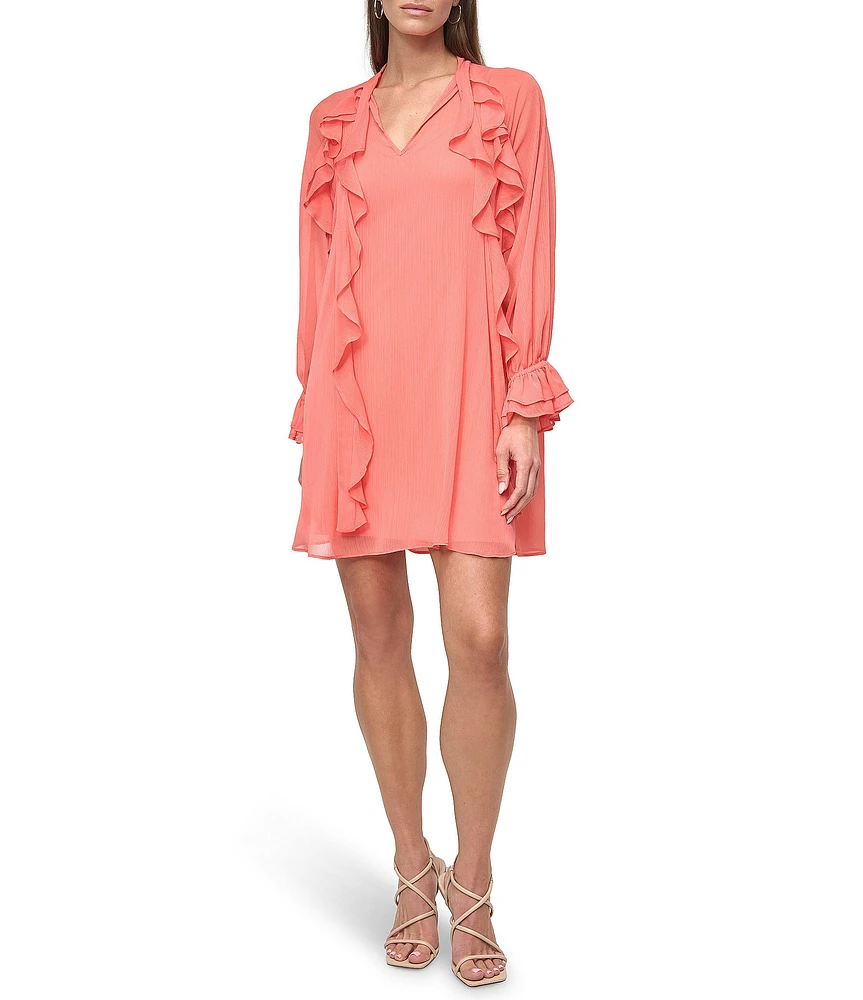 DKNY by Donna Karan Woven V Neck Long Sleeve Ruffle Shift Mini Dress