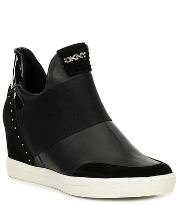 DKNY by Donna Karan Cailin Leather Studded Suede Logo Detail Wedge Sneakers