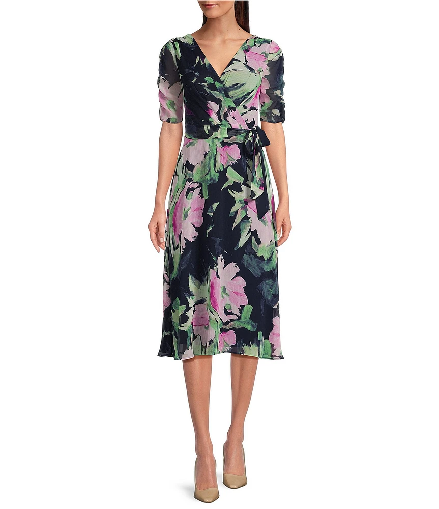 DKNY by Donna Karan Floral Surplice V-Neck Short Sleeve Faux Wrap Midi Dress