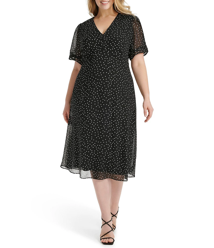 DKNY by Donna Karan Plus Size Short Ruched Sleeve V-Neck Polka Dot Chiffon Midi Dress