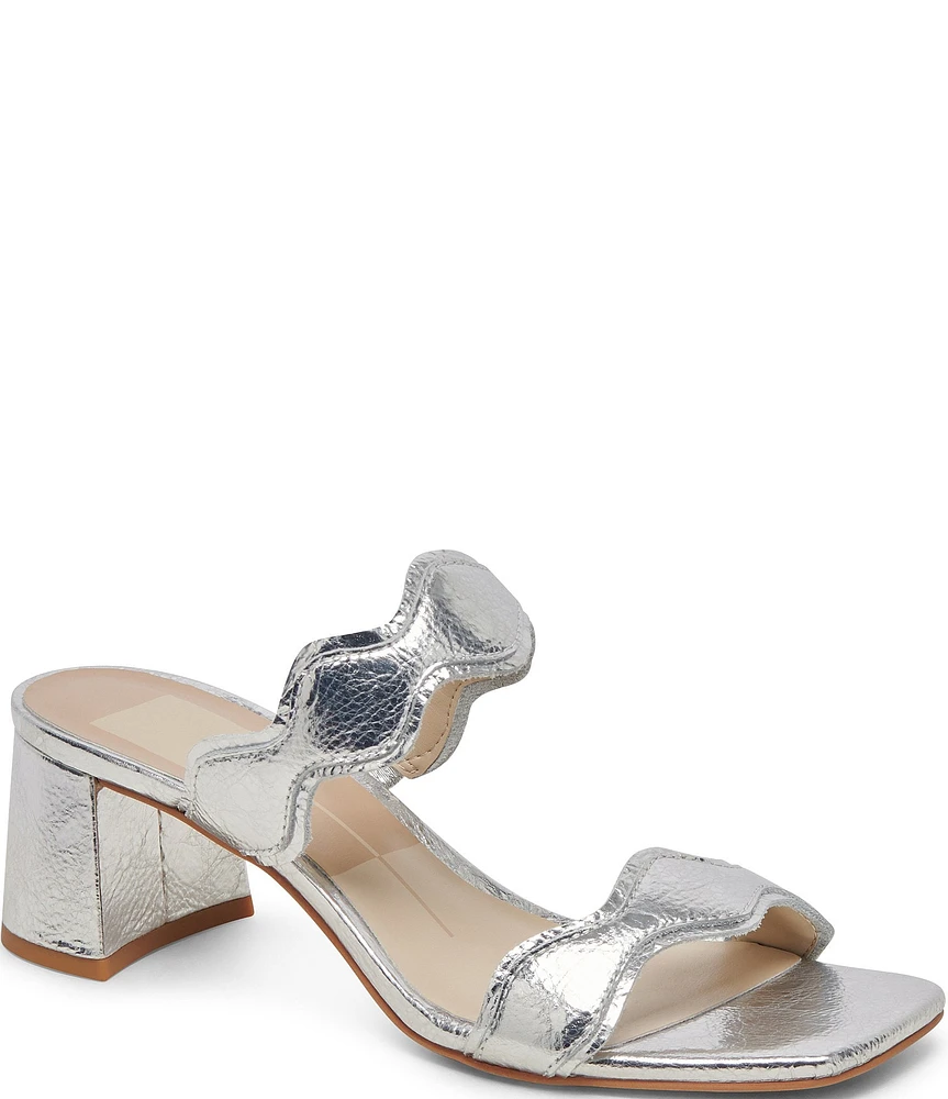 Dolce Vita Ilva Mid Heel Distressed Metallic Leather Wavy Band Slide Sandals