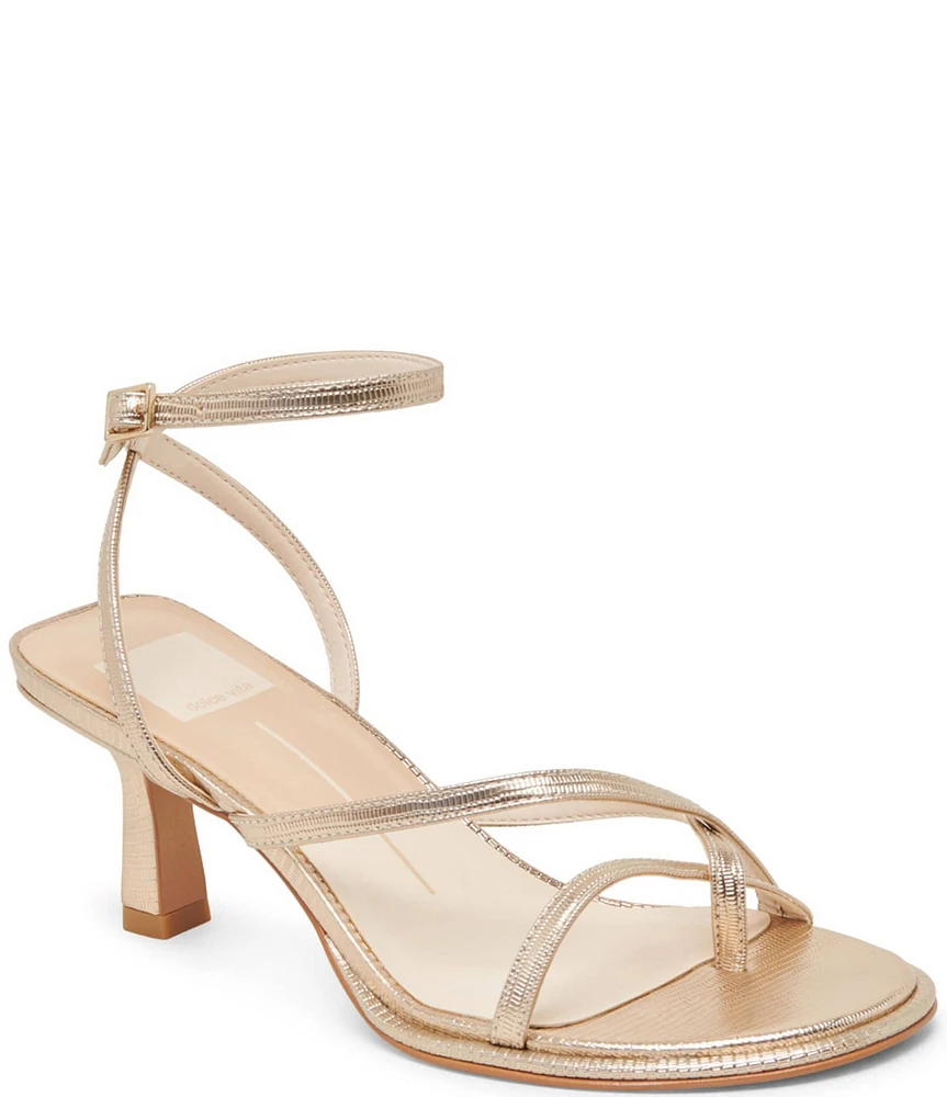 Dolce Vita Morah Metallic Embossed Leather Ankle Strap Toe Loop Dress Sandals