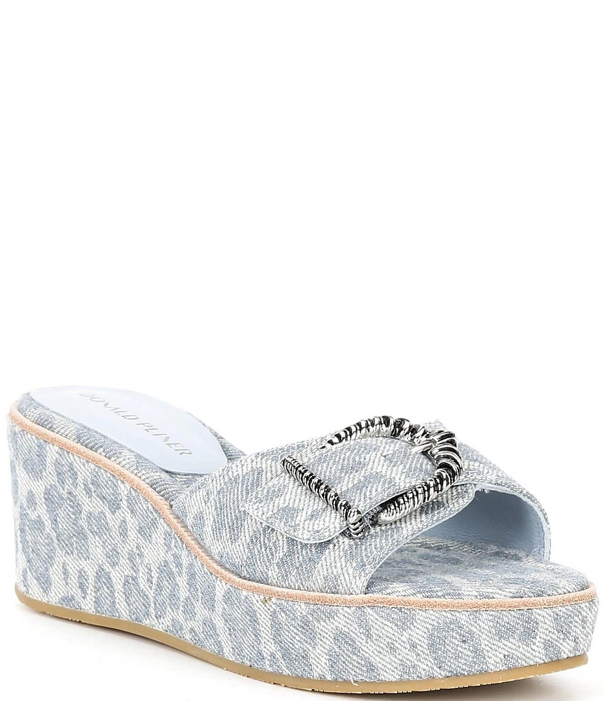 Donald Pliner Alfee Leopard Denim Buckle Hardware Platform Wedge Slide Sandals
