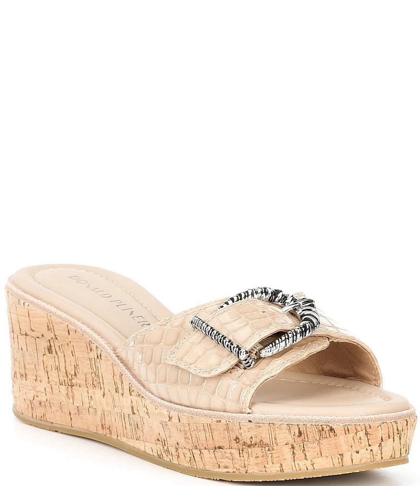 Donald Pliner Alfee Patent Leather Croco Buckle Hardware Platform Wedge Slide Sandals