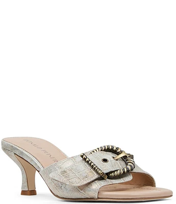 Donald Pliner Gabz Croco Embossed Metallic Leather Buckle Hardware Dress Slide Sandals