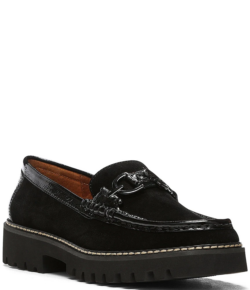 Donald Pliner Helio Suede and Patent Bit Buckle Lug Sole Platform Loafers