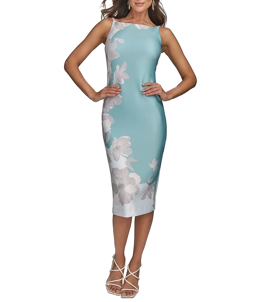 Donna Karan Boat Neck Sleeveless Floral Sheath Midi Dress