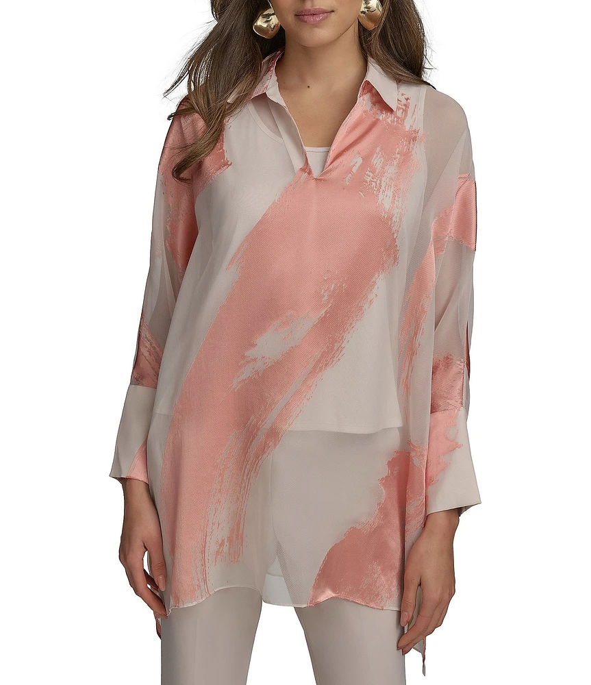 Donna Karan Brushstroke Burnout Spread Collar Long Sleeve Button Cuff Tunic