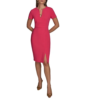 Donna Karan Cady Crepe Split V-Neck Short Sleeve Sheath Midi Dress