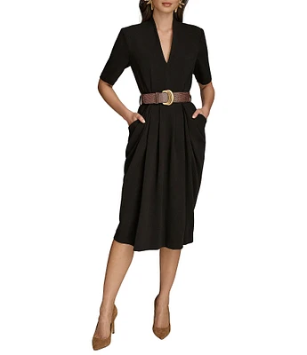 Donna Karan Cady Crepe V-Neck Short Sleeve Belted Sheath Midi Dress
