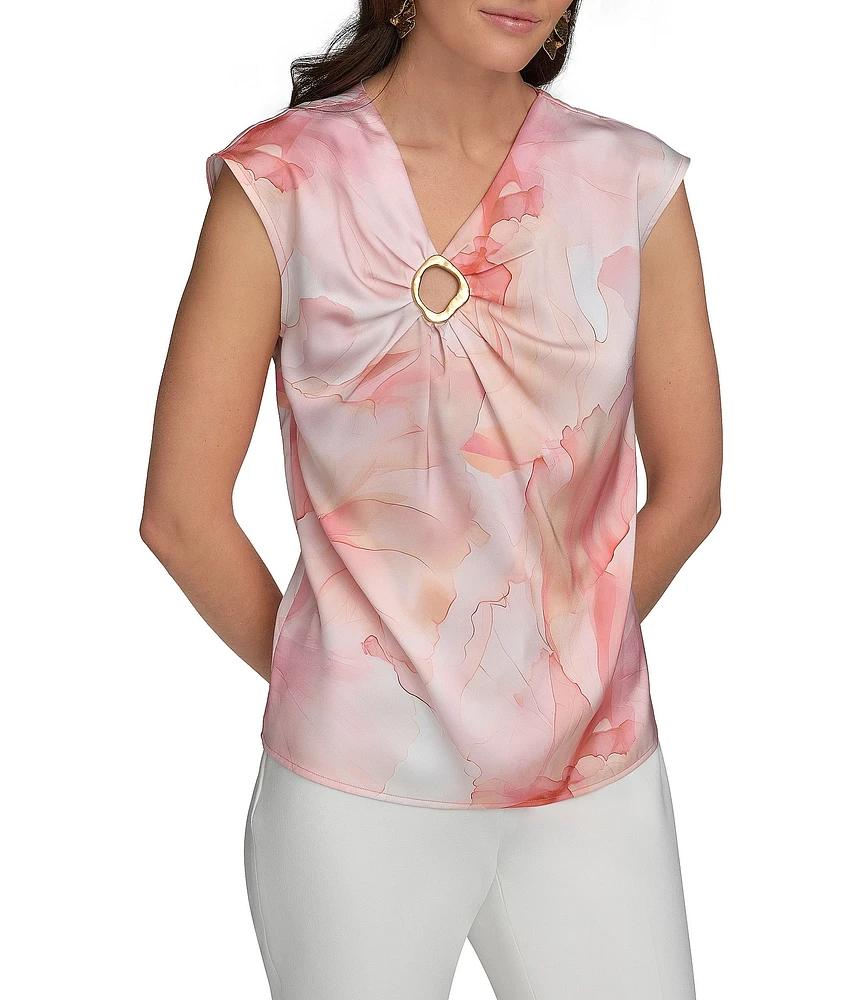 Donna Karan Cap Sleeve Printed Gold Hardware Keyhole Blouse