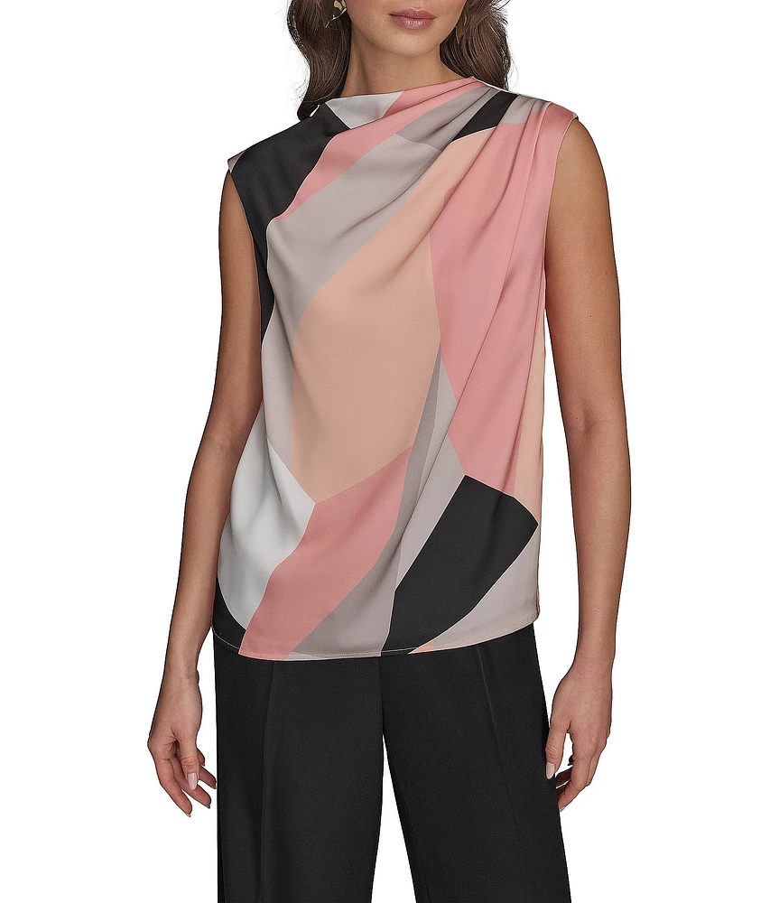 Donna Karan Charmeuse Mock Neck Sleeveless Gathered Shoulder Blouse