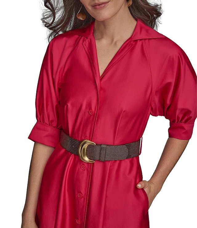 Donna Karan Cotton Sateen Collared Neck Short Sleeve Belted Midi Shirt Dress  at CoolSprings Galleria in Franklin, TN