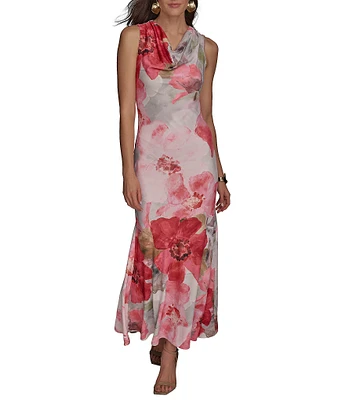 Donna Karan Cowl Neck Floral Print Satin Sheath Dress
