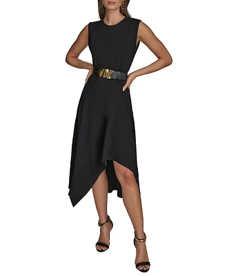 Donna Karan Crepe Crew Neck Sleeveless Belted Asymmetrical Hemline Midi Sheath Dress
