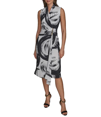 Donna Karan Crepe V-Neck Sleeveless Faux Wrap Midi Dress