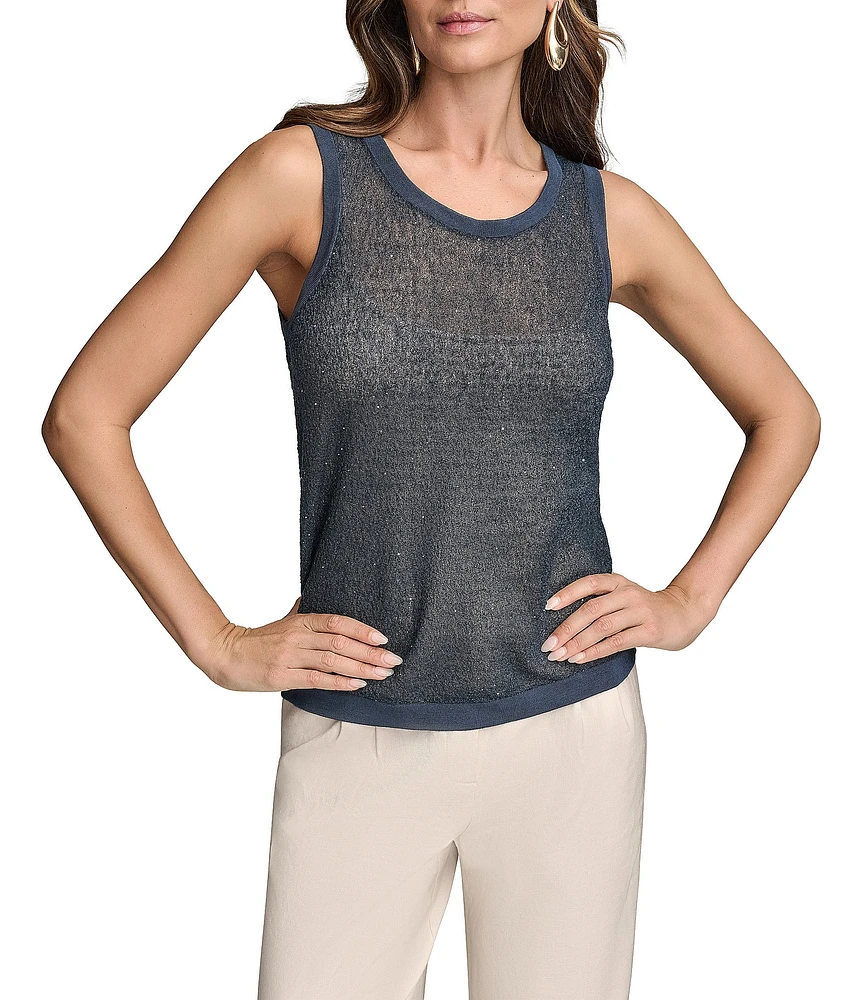 Donna Karan Crew Neck Sequined Crochet Sleeveless Shell