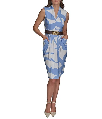 Donna Karan Dot Crepe V-Neck Sleeveless Belted Sheath Midi Dress