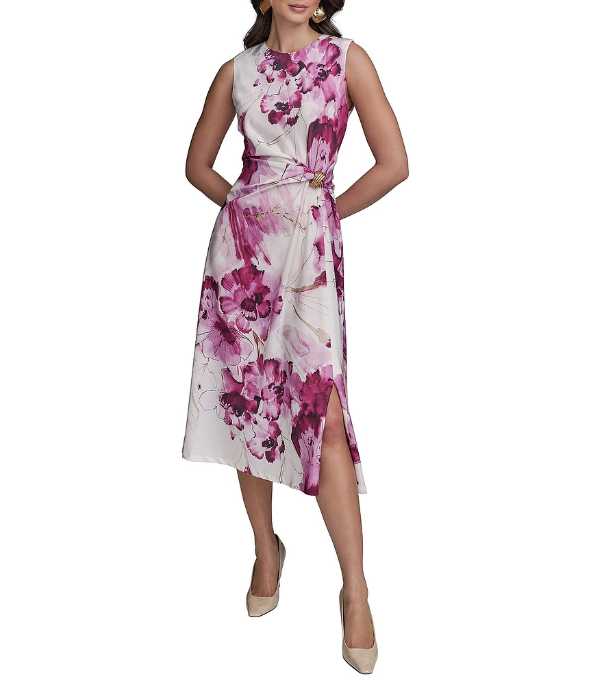 Donna Karan Floral Print Crew Neck Cap Sleeve Wrap Front Midi Dress