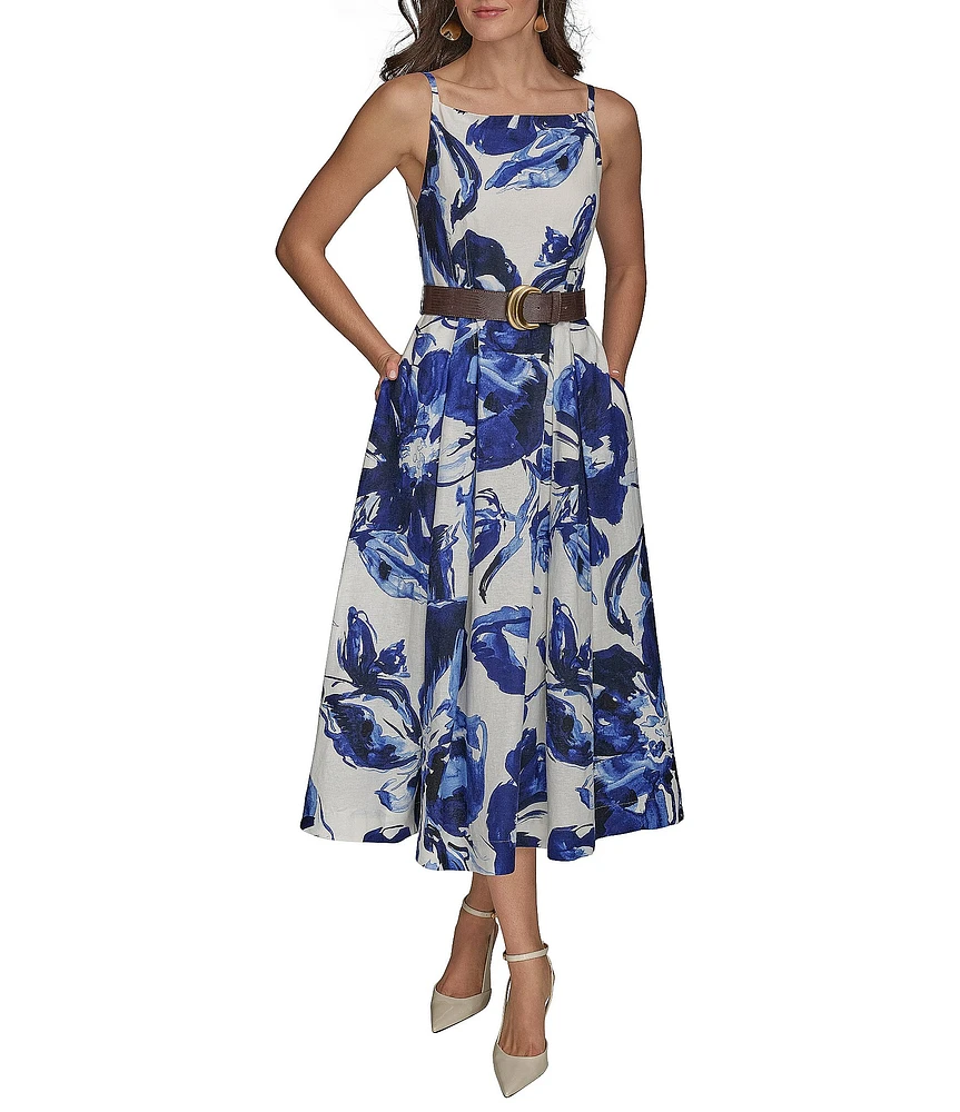 Donna Karan Floral Print A-Line Belted Midi Dress