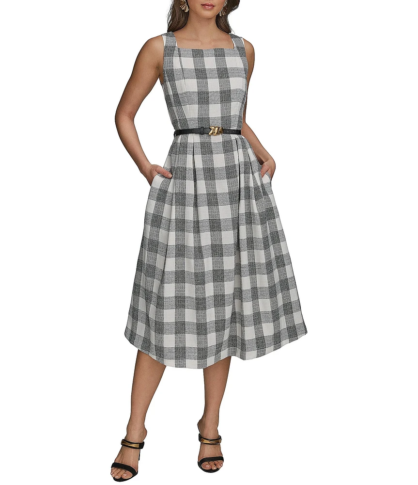 Donna Karan Gingham Tweed Square Neck A-Line Midi Dress