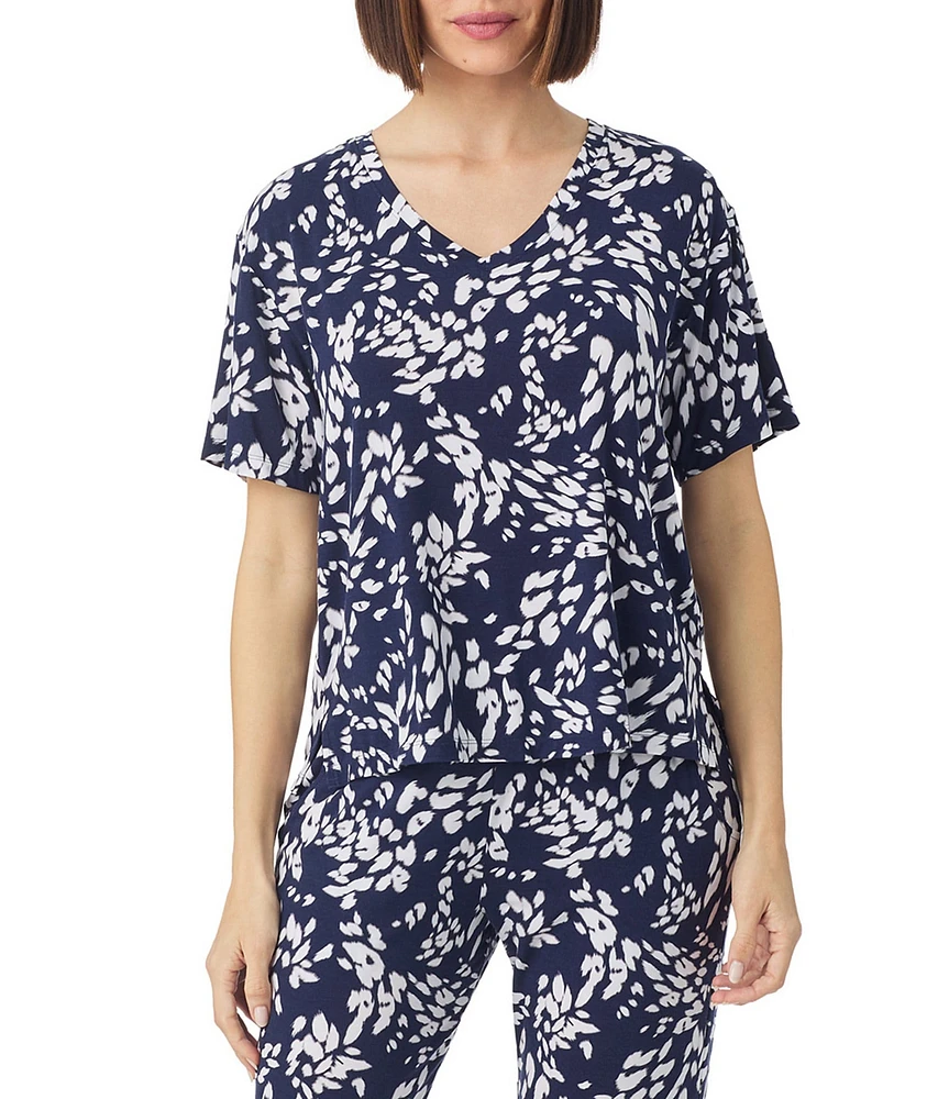 Donna Karan Inked Animal Print Short Sleeve V-Neck Coordinating Lounge Top