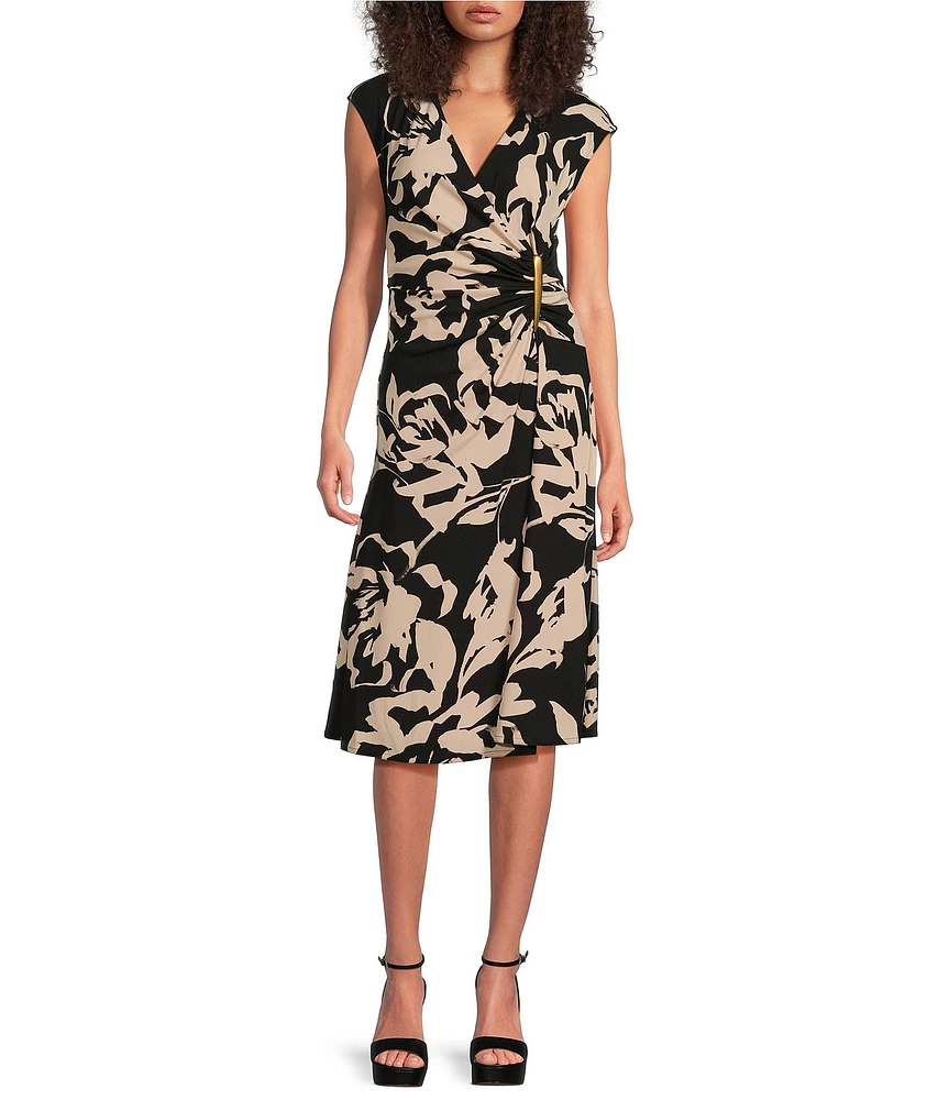 Donna Karan Jersey V-Neck Sleeveless Ruched Gold Broach Midi Sheath Dress