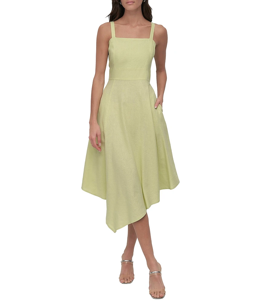Donna Karan Linen Blend Crew Neck Sleeveless Paneled Blouson Midi Dress